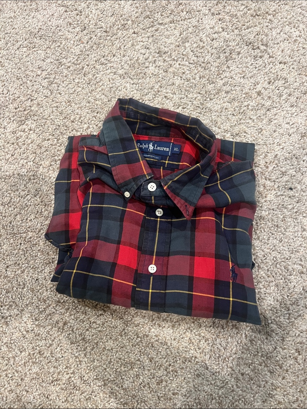 Ralph Lauren Red, Navy & Yellow Plaid Cotton Button-Down Shirt